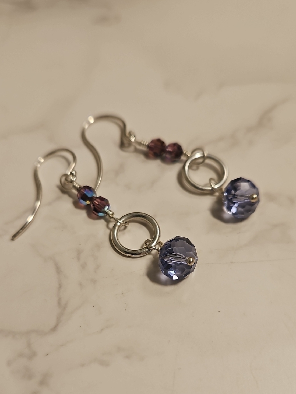 Silver Ring Drop Earrings with Lavender Crystal Beads